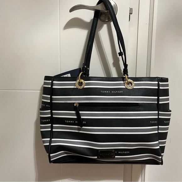 NWT Tommy Hilfiger small Tote Bag with Black Grey strips - Picture 2 of 3